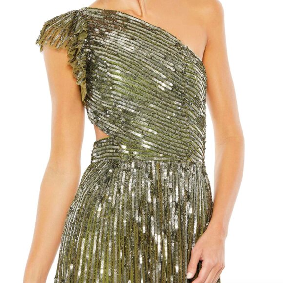 MAC DUGGAL 5565 SEQINED ONE SHOULDER FLUTTER SLEEVE A-LINE OLIVE GOWN sz 6 - Picture 3 of 5